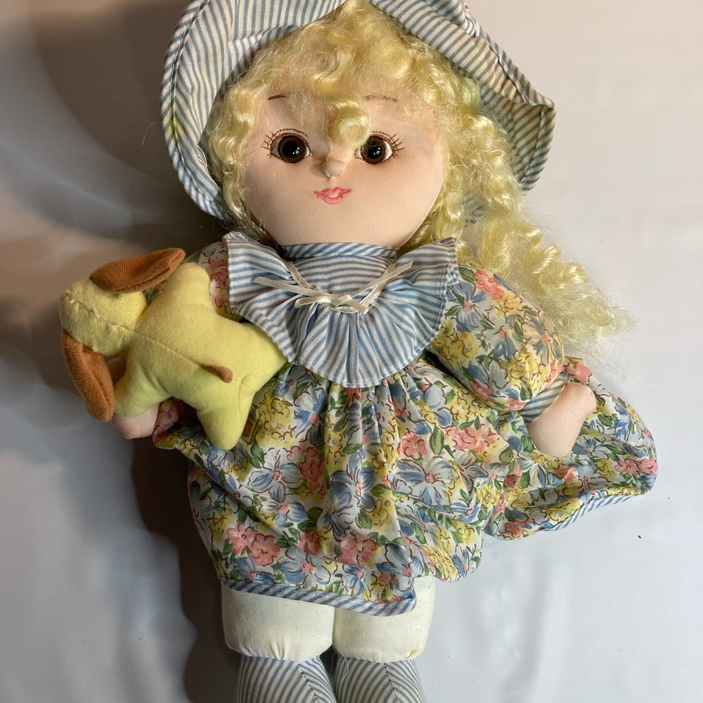 Cuddle wit doll blonde curly hair floral dress 15”.